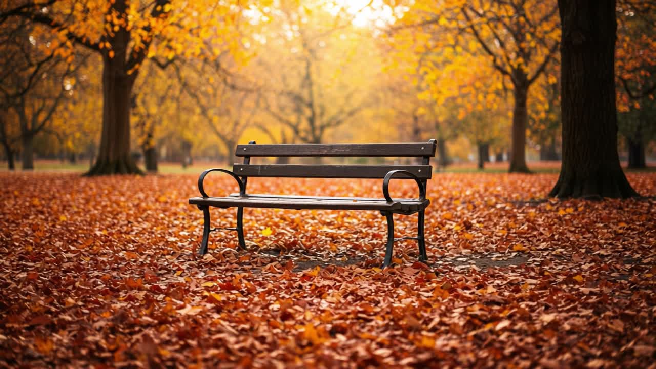 A Serene Autumn Scene: A Park Bench Surrounded by Vibrant Orange and Yellow Foliage, Inviting Relaxation Amidst Nature's Beautiful Fall Colors