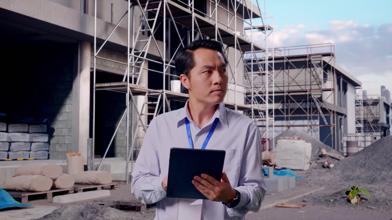 Asian Male Professional Worker Standing With His Tablet At Construction Site in Progress to New House, He Observes By Looking Around Before He Come To Concentrating With His Tablet