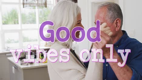 Animation-of-good-vibes-only-text-over-senior-caucasian-couple-dancing