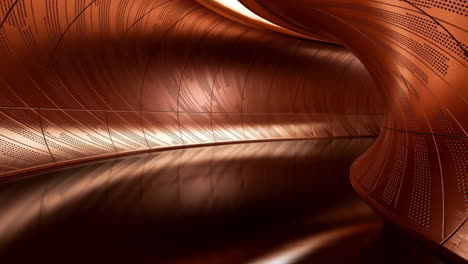 futuristic copper-toned metallic tunnel with perforated patterns