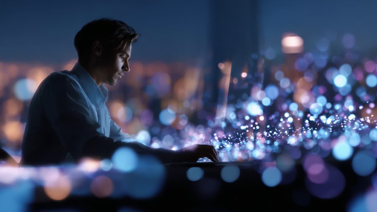 Una persona concentrata che interagisce con tecnologie avanzate, illuminata da vivaci elementi digitali, che mette in mostra l'intersezione tra creatività e innovazione in un ambiente di lavoro moderno.