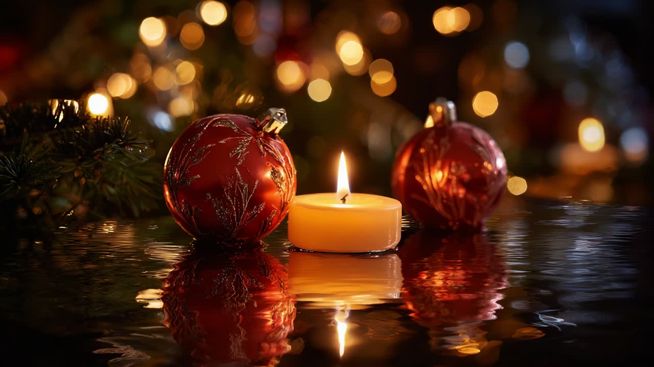 A Cozy and Festive Atmosphere is Captured in These Stunning Frames Featuring Glimmering Christmas Ornaments and a Warm Candle, Perfectly Illuminating the Surroundings with a Cheerful Glow