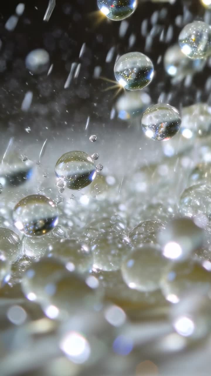 Video verticale: Gocce che cadono e colpiscono perline traslucide su un vassoio macro, creando uno spruzzo che rimbalza.