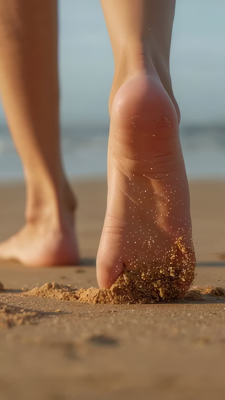 Video verticale: rilascio di sabbia, donna a piedi nudi che cammina sulla sabbia bagnata verso il mare, smuovendo un cumulo di sabbia