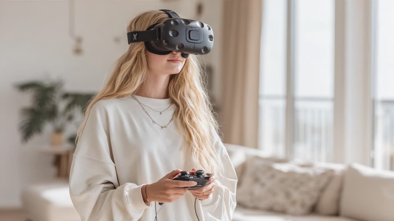 Un giocatore concentrato immerso nella realtà virtuale, assorto nell'azione con visore VR e controller in un moderno e accogliente spazio abitativo