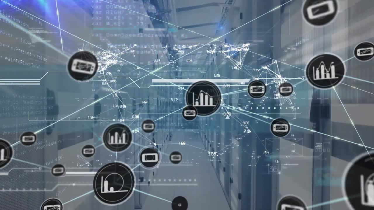Animation of network of connections and data processing over server room