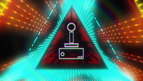 retro joystick and console animation over neon triangle and light effects