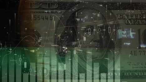 animation of financial data processing over road traffic and burning american dollar bill
