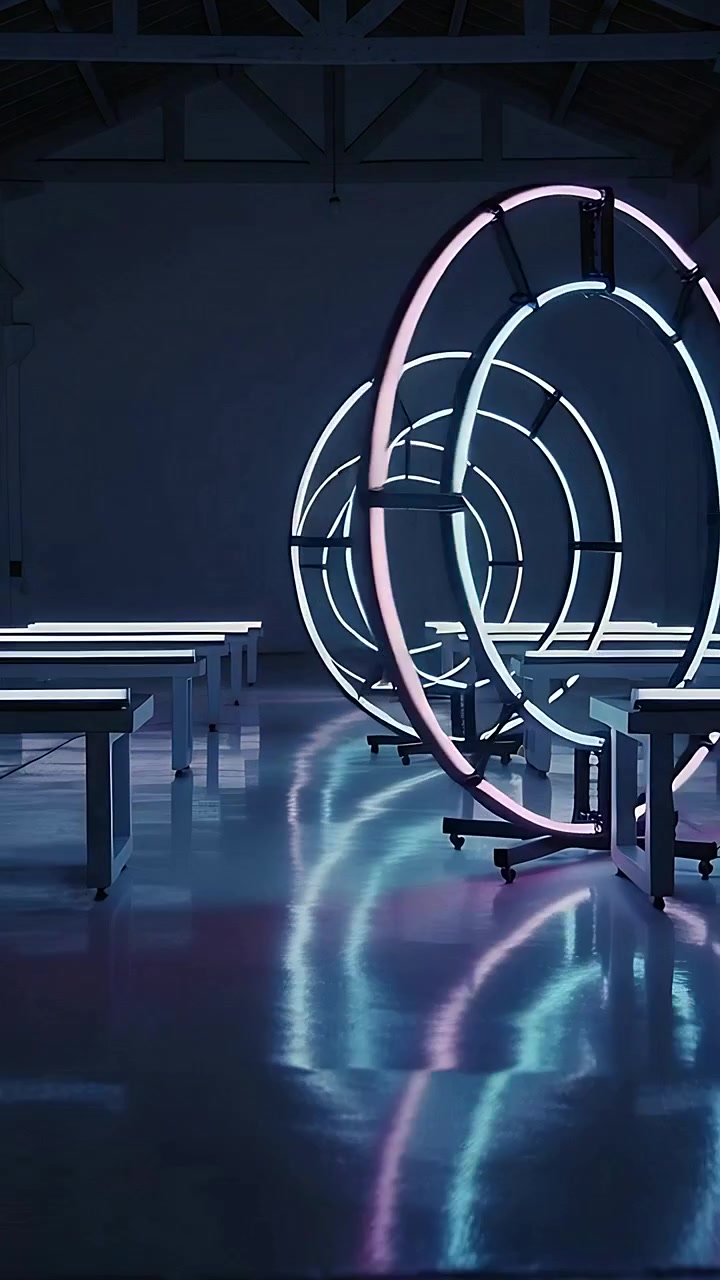 Video verticale: telecamera in movimento che allinea anelli al neon annidati su ruote in una galleria per creare un effetto tunnel