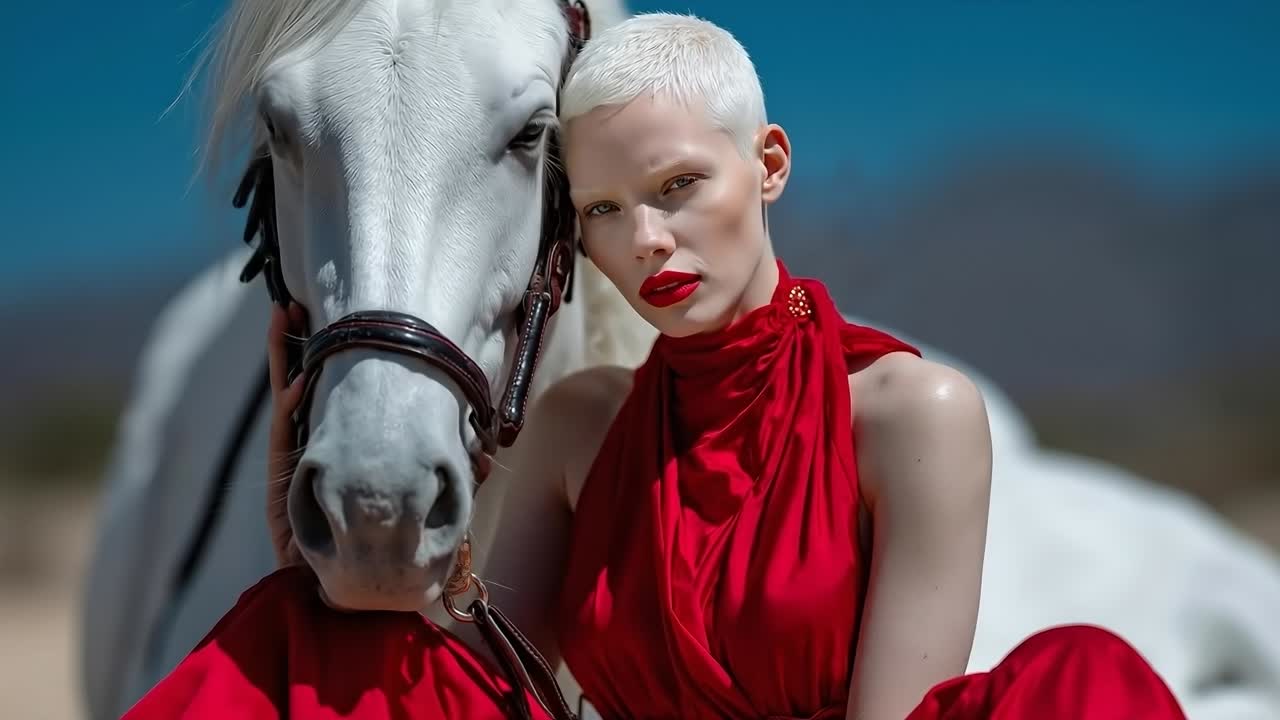 A woman in a red dress standing next to a white horse
