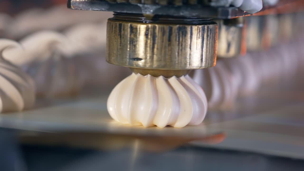 Beautifully shaped zephyr desserts are deposited onto conveyor belt. Automatic machine producing marshmalows. Close up. Blurred backdrop.