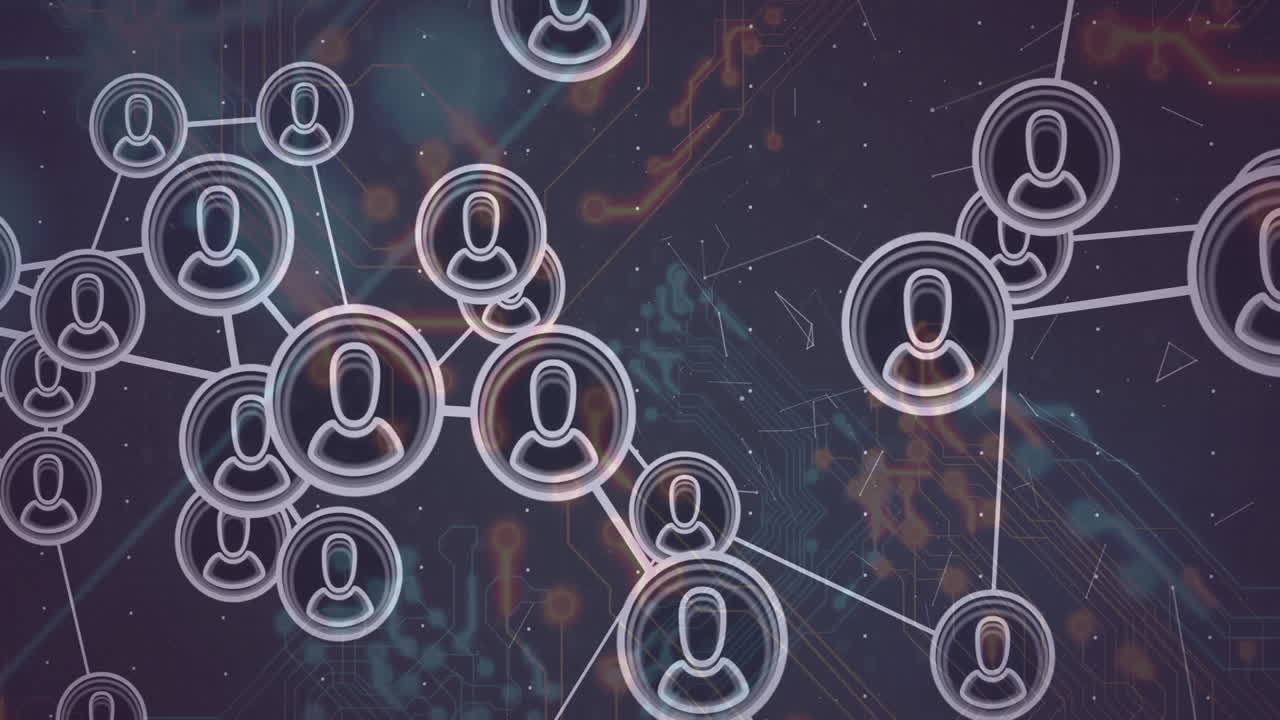 animación de la red de iconos de usuario conectados sobre fondo digital con circuitos
