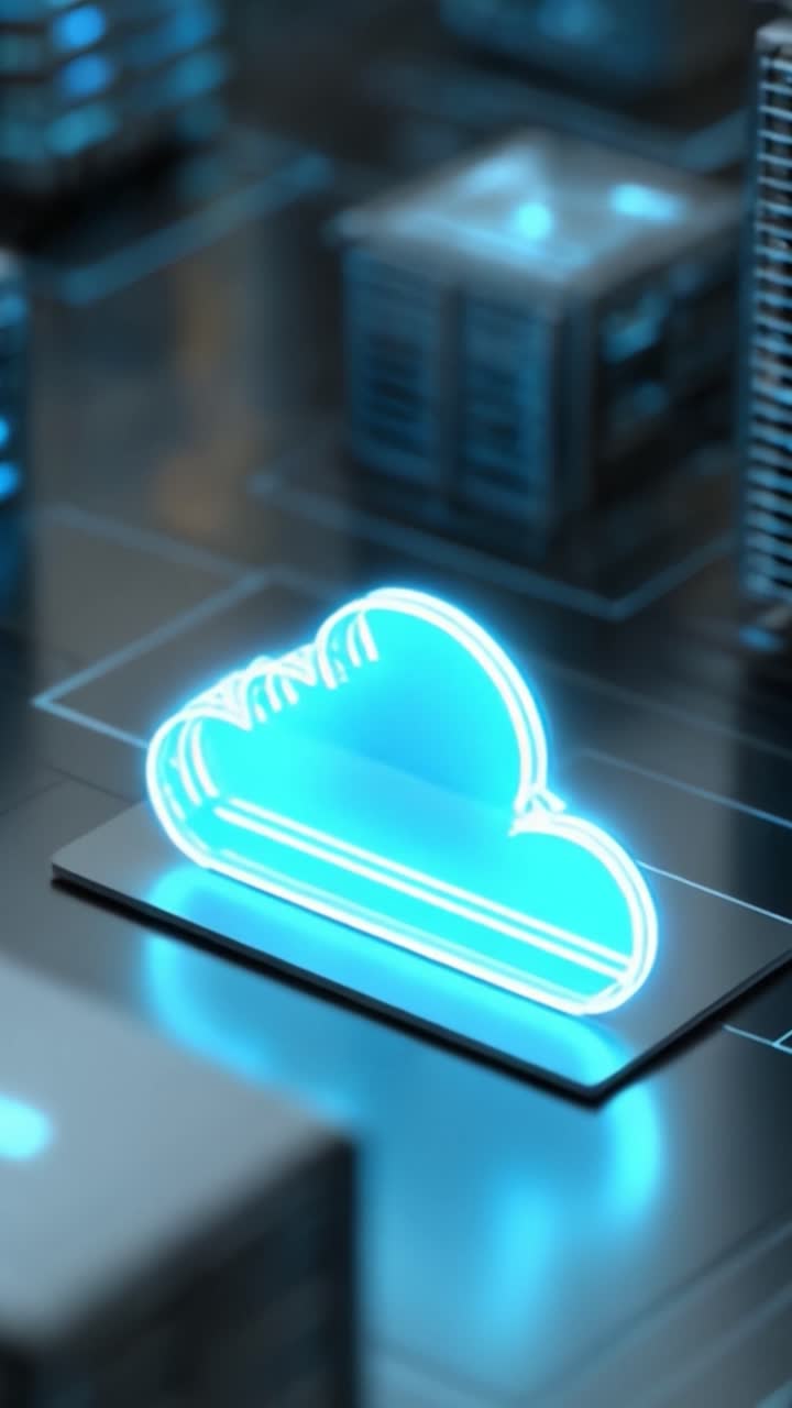 Icona di nuvola illuminata si illumina in un ambiente di rete, rappresentando moderne soluzioni di archiviazione digitale e tecnologie di gestione dei dati in un contesto ad alta tecnologia.