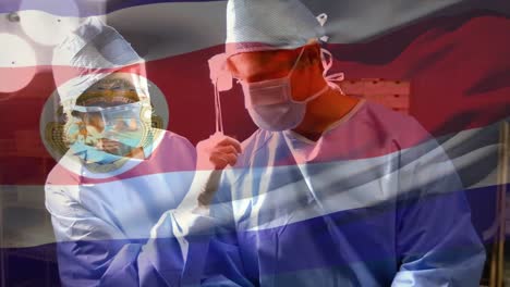 animation of flag of costa rica waving over surgeons in operating theatre