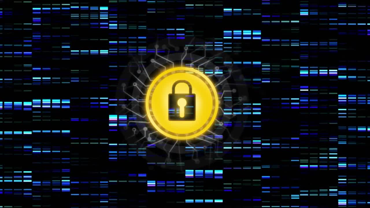 animación de la red de conexiones con candado de seguridad en línea sobre fondo oscuro