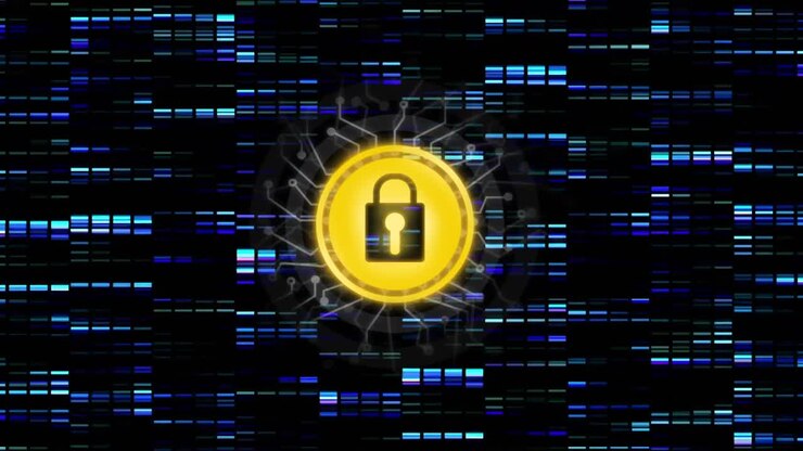Animation of network of connections with online security padlock over dark background