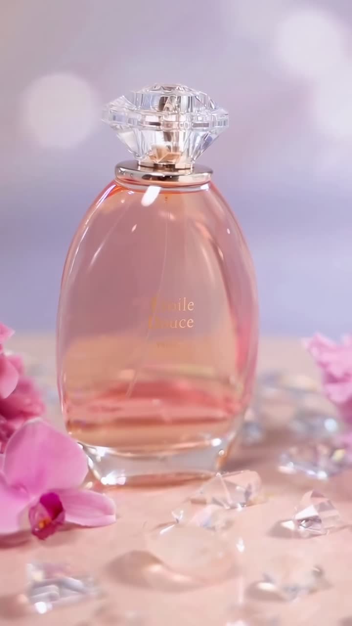 Elegante flacone di profumo circondato da fiori, ripreso da vicino con una determinata angolazione della camera per un video