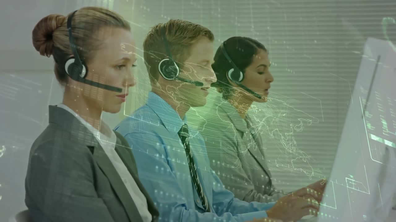 Animation of digital interface over business people using phone headsets