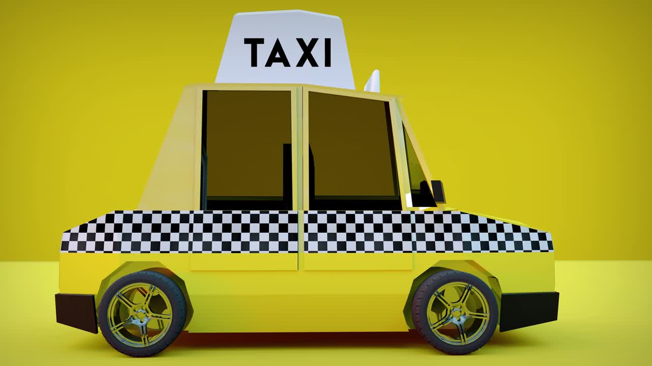 노란색 만화 택시 운전, 비즈니스 교통, 도시 개념, 3d 렌더링