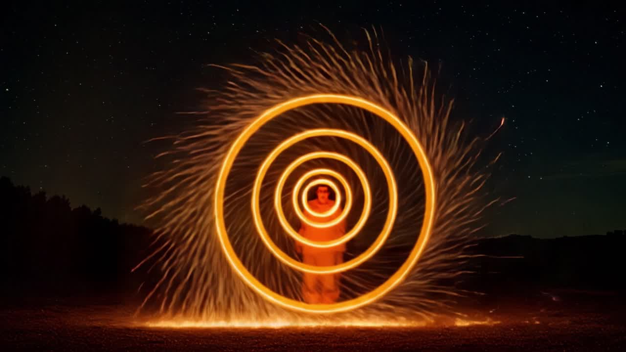 A Stunning Display of Spiraling Firelight: Captivating Sparks Create Mesmerizing Circular Patterns Against a Starry Night Sky