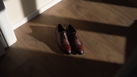 pair of brown dress shoes placed on a wooden floor, illuminated by sunlight