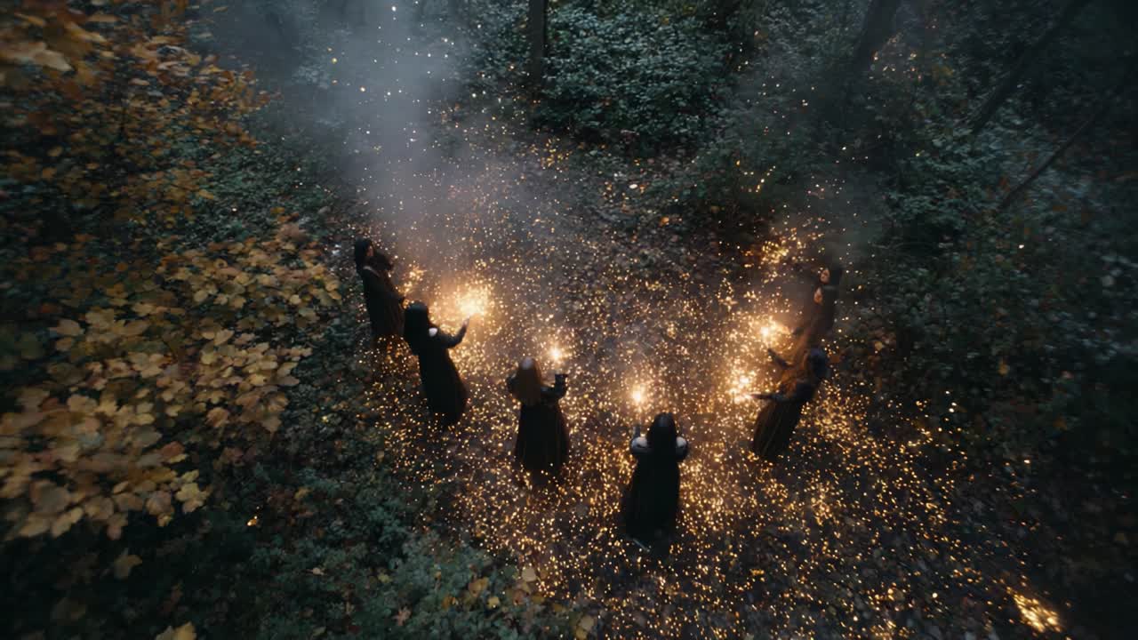 A Mysterious Circle of Figures in a Forest Casting Enchanting Sparks While Engaged in a Ritual Surrounded by Autumnal Foliage and Mystical Atmosphere