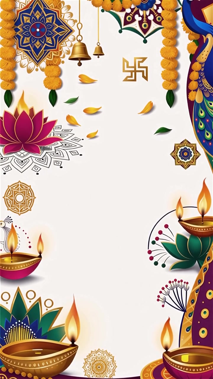 Sfondo Diwali con Diyas luminosi, Rangoli e fiori di loto