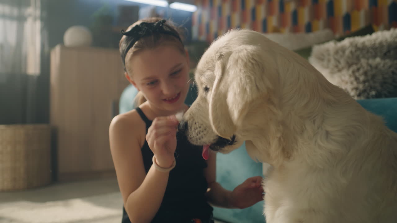 niña jugando con un cachorro de golden retriever en casa