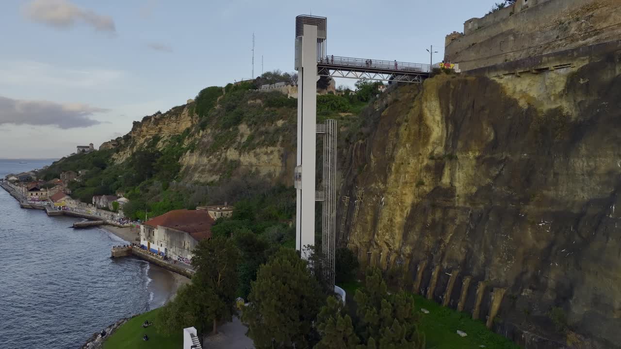 Drone shot of the elevator in Almada, Portugal