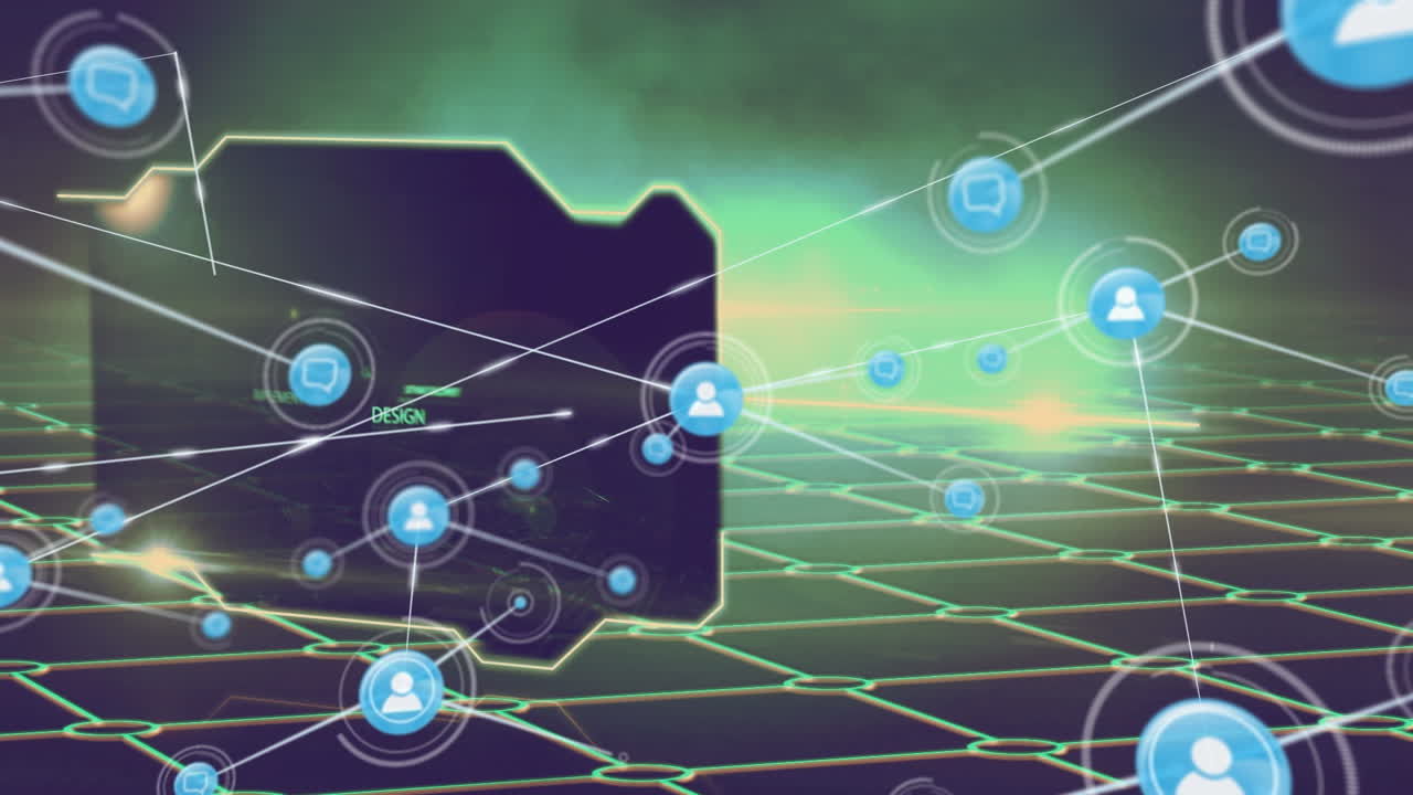 Animation of network of connections with icons over shapes