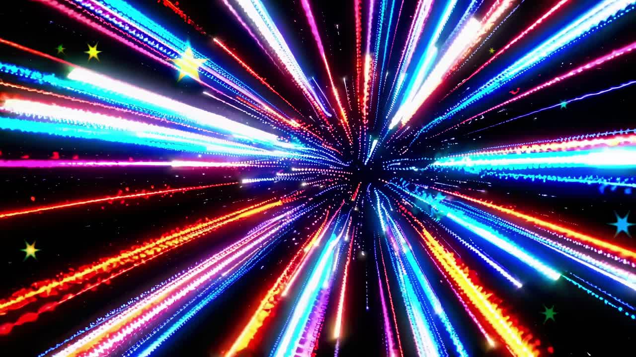 Dynamic video of colorful light streaks converging at a central point, captured from a straight-on