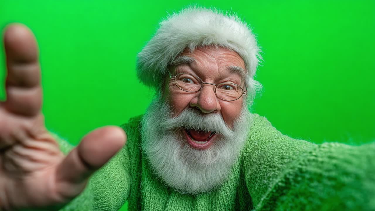 A joyful elderly man in a vibrant green sweater and hat poses cheerfully against a bright green background, radiating festive spirit and happiness in a lighthearted moment