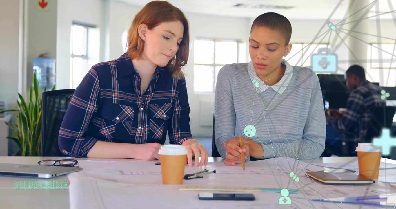 Designers sketching architecture blueprints in office, displaying animated chart overlays