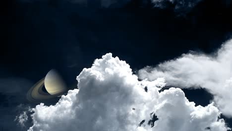 saturn on the night sky and blur heap white cloud passing