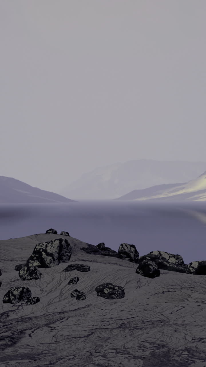 Serene landscape overlooking still waters at dawn in a remote wilderness