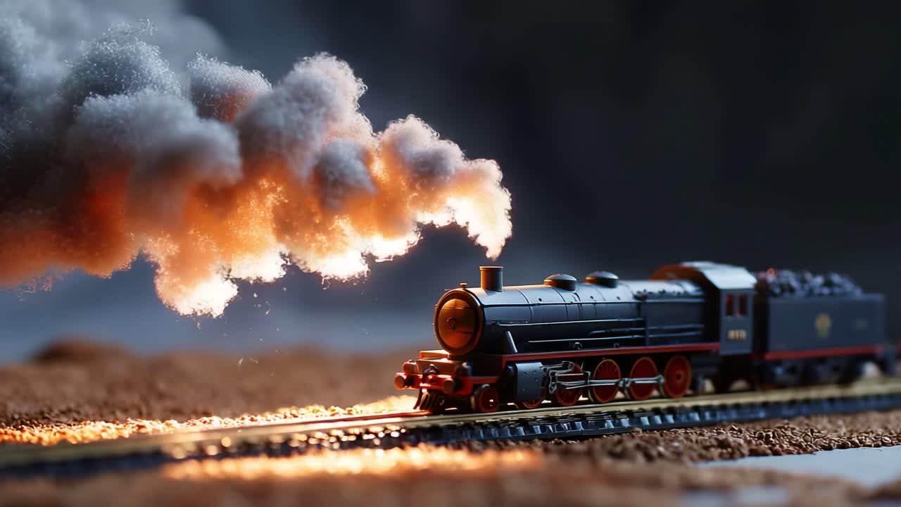Captivating Detail of a Vintage Steam Locomotive Model with Realistic Smoke and Tracks, Showcasing the Art of Model Trains in a Beautifully Designed Setting