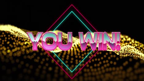 animation of you win text in metallic pink letters with diamonds over mesh