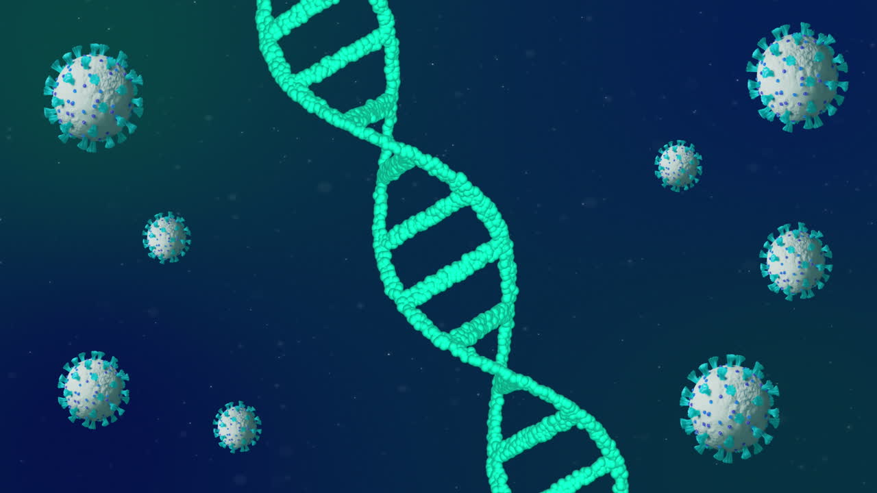 Animation of covid 19 cells moving and dna strand spinning
