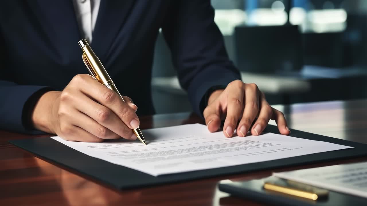 Video ravvicinato di una persona che firma un documento con una penna. L'angolo si concentra sulle mani.