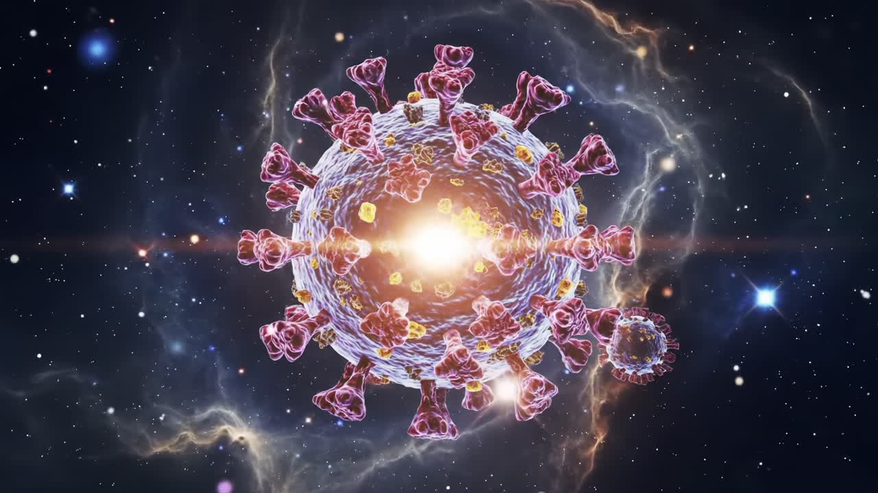 A Stunning Visualization of a Virus Surrounded by Cosmic Elements, Illustrating the Intricate Structure of Viral Particles in a Celestial Environment