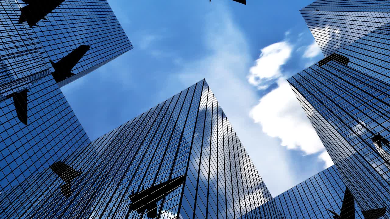 vliegtuig vliegt over glazen gebouwen.