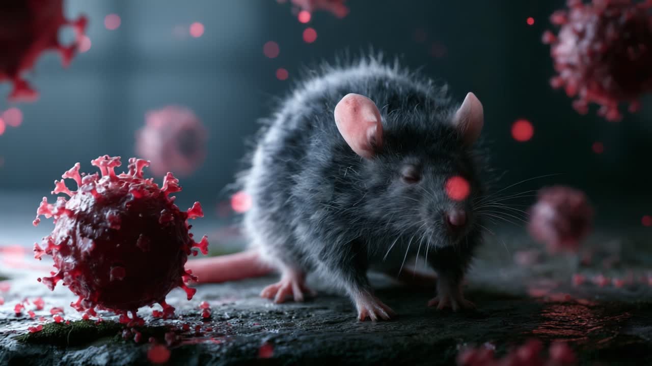 Un'esplorazione ravvicinata di un topo da laboratorio circondato da vivaci rappresentazioni di particelle virali, evidenziando l'intricata relazione tra biologia e propagazione delle malattie