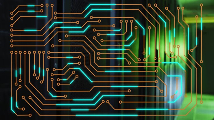 Animation of microprocessor connections against computer server room