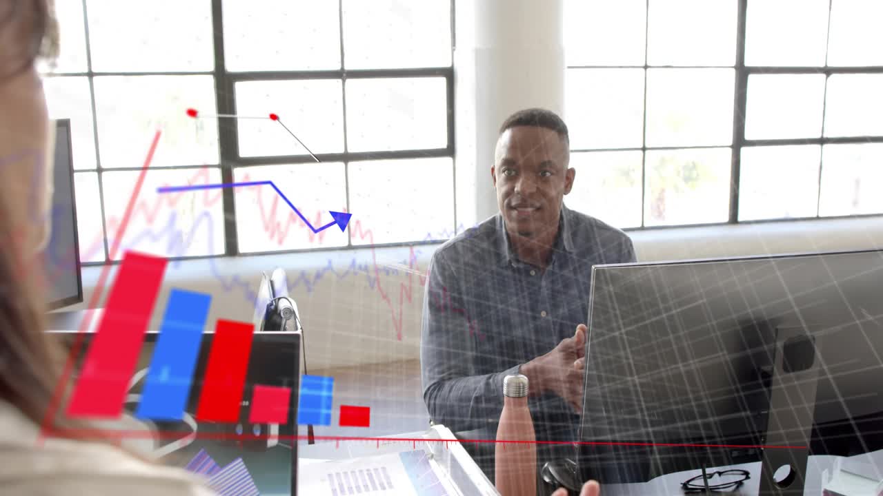 Woman presenting during business meeting, activating AR charts while seated man evaluating data