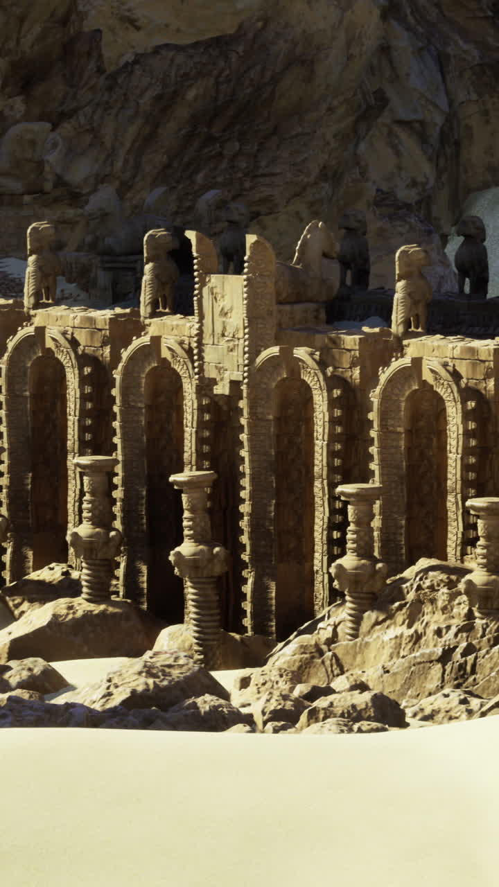Ancient ruins surrounded by desert sand in a remote landscape during daylight