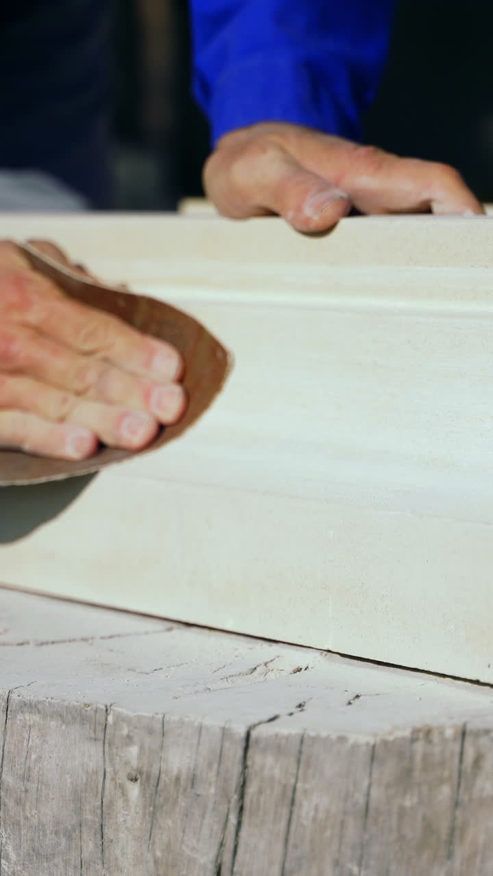 master is polishing a wooden product with an emery cloth by his hands on a stump in the street in the afternoon. Vertical video