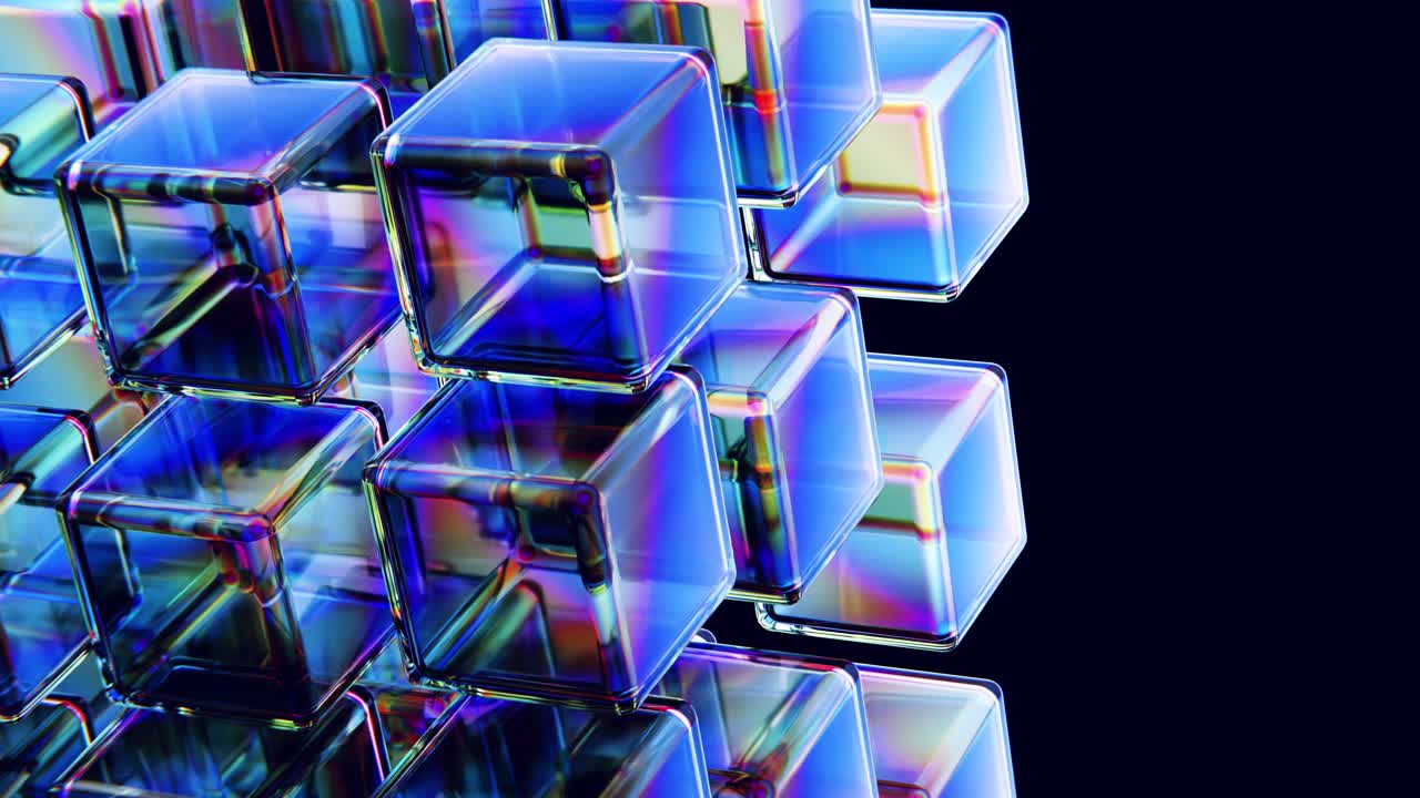 Abstrakte blaue Glaswürfel, die sich auf dunklem Hintergrund bewegen