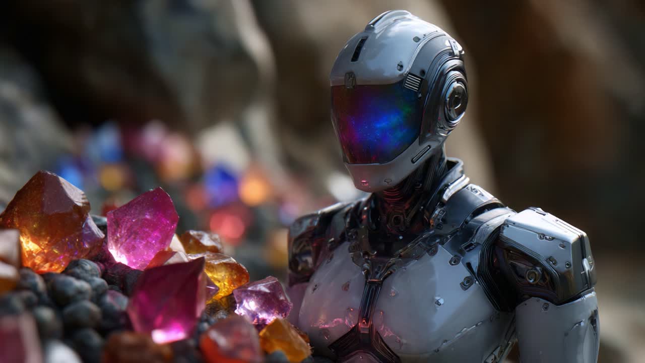 A futuristic android stands amidst a dazzling variety of colorful crystals, showcasing the blend of technology and nature in a mesmerizing landscape of gems