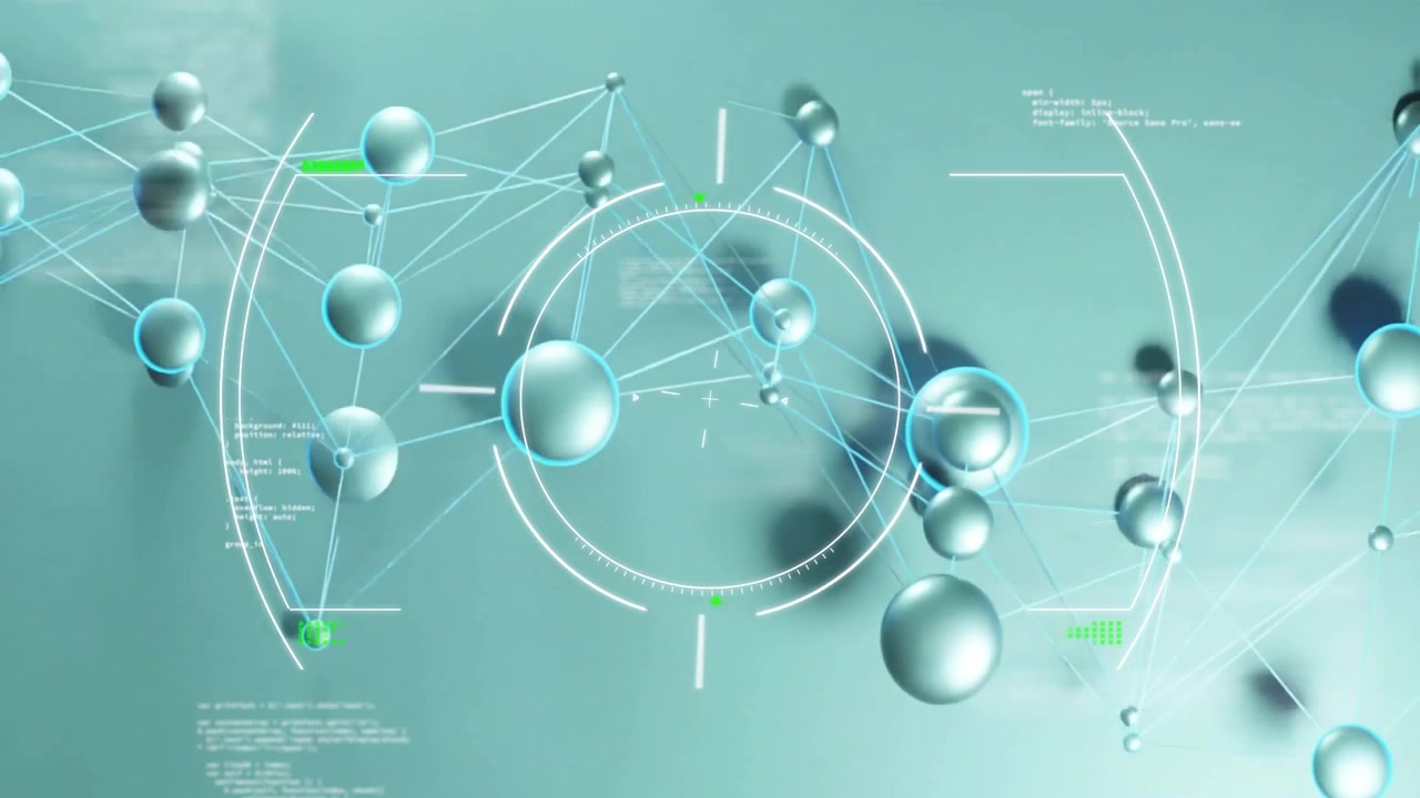 3D-renderet datavisualisering svævende, der forbinder metalliske kugler med glødende linjer og HUD-trådkors.