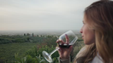 bella mujer bebiendo vino en copa de vino con naturaleza verde en segundo plano.
